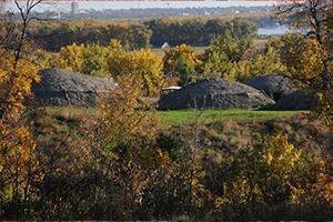 Fall foliage at On-A-Slant earth lodges at Fort Abraham Lincoln State Park