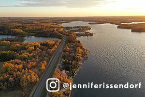 Aerial view of Lake Metigoshe in autumn