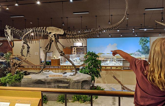 A girl points at a dinosaur skeleton