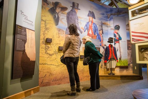 Displays at the Lewis and Clark Interpretive Center detail the journey of the Corps of Discovery