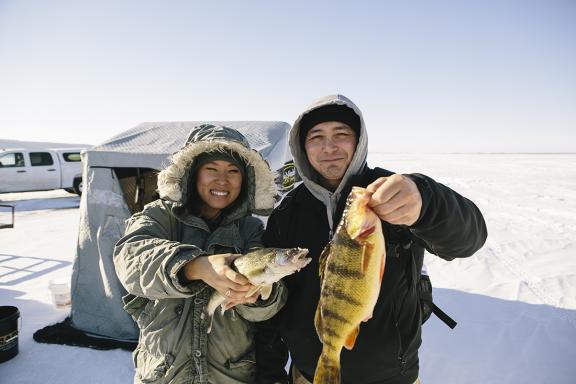 ice fishing on Devils Lake