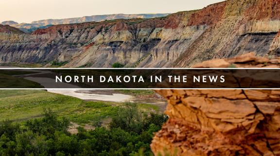 North Dakota in the News title with scenic badlands in the background