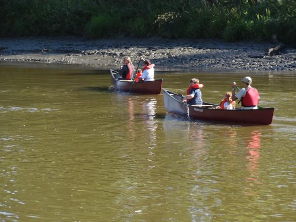 Multiple canoes with people paddling are on a calm river