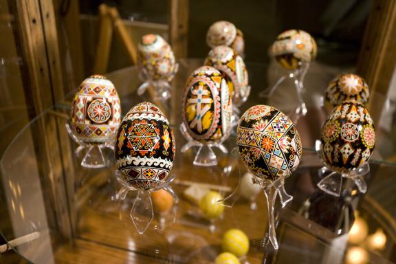 A display of Pysanky, intricately designed Easter eggs