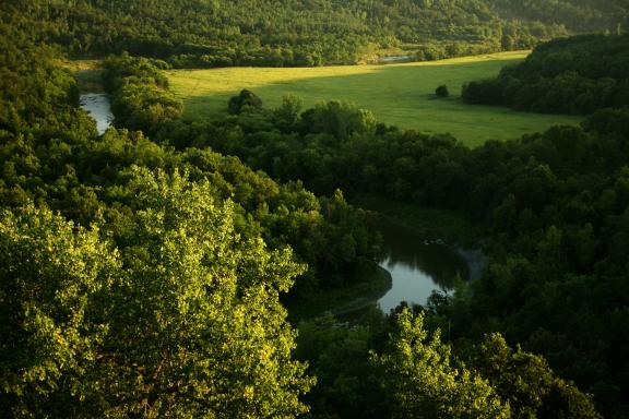 An aerial view of a green valley, featuring dense forests and open fields