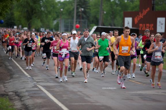 A large group of runners participating in a marathon