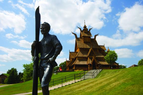 Statue and church at Scandinavian Heritage Park in Minot.