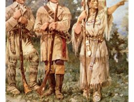 An illustration depicting Lewis, Clark, and Sacagawea during their expedition